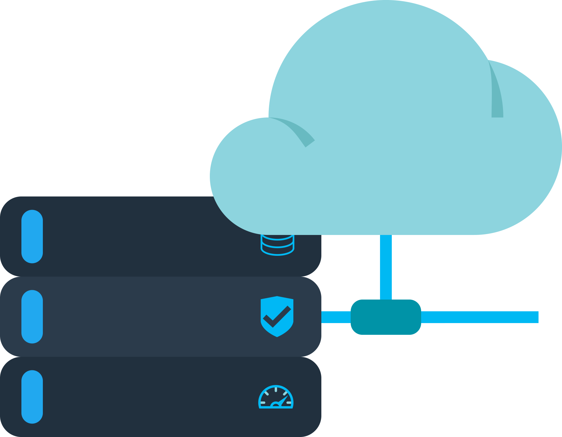 Illustration of cloud hosting with servers and connected computers